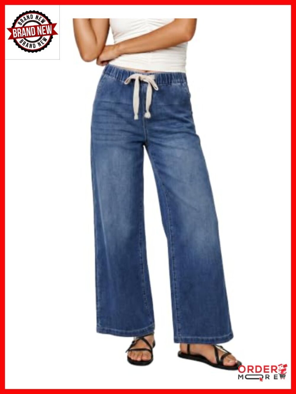 Wide Leg Jeans High Rise Elastic Waist Drawstring Denim Pants